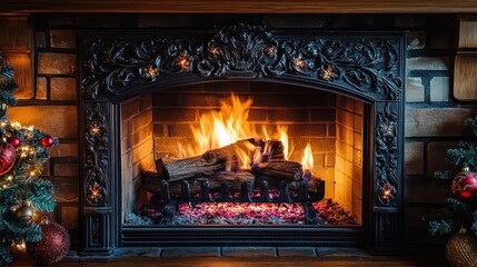 Ornate Fireplace Burning Brightly With Christmas Trees