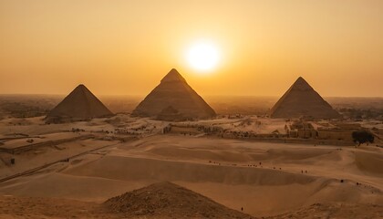 Sunset over the Pyramids of Giza, Egypt.Great Pyramids and The camel caravan is in front of the Egyptian pyramids, Giza, Egypt9456