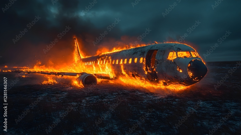 Aufkleber abandoned and wrecked aircraft consumed by intense flames and fire set against a dark foreboding sky