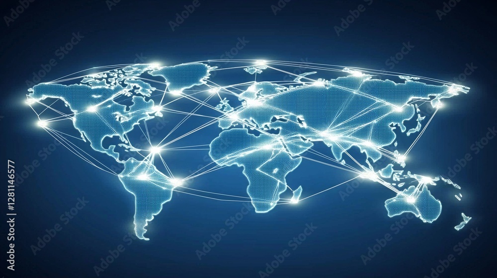 Poster international business or global unity is embodied by a light blue background that includes a digita