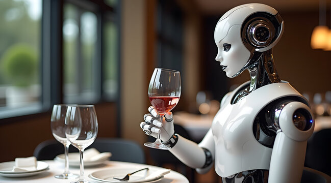 A futuristic robot sits at a dining table, elegantly holding a glass of red wine, showcasing a blend of technology and sophistication in a refined restaurant setting