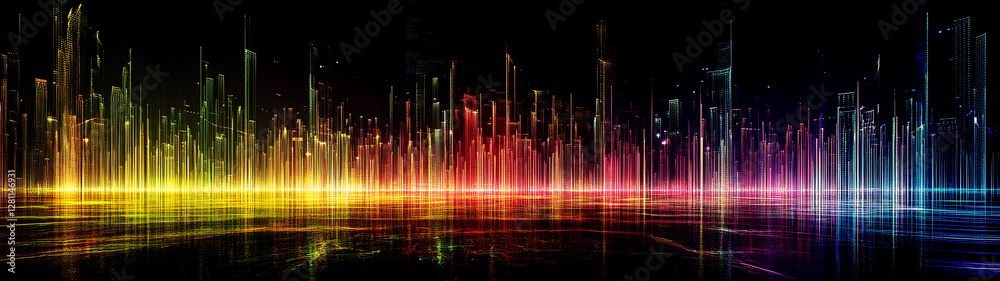 Poster A stunning and imaginative digital showcasing a futuristic cityscape bathed in vivid neon like lights and intricate overlapping geometric patterns creating a captivating otherworldly atmosphere