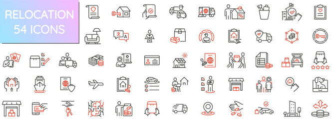 Vector Pack of Linear Icons Related to Relocation Process and Required Documents. Mono line pictograms and infographics design elements