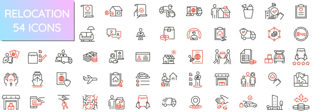 Vector Pack of Linear Icons Related to Relocation Process and Required Documents. Mono line pictograms and infographics design elements