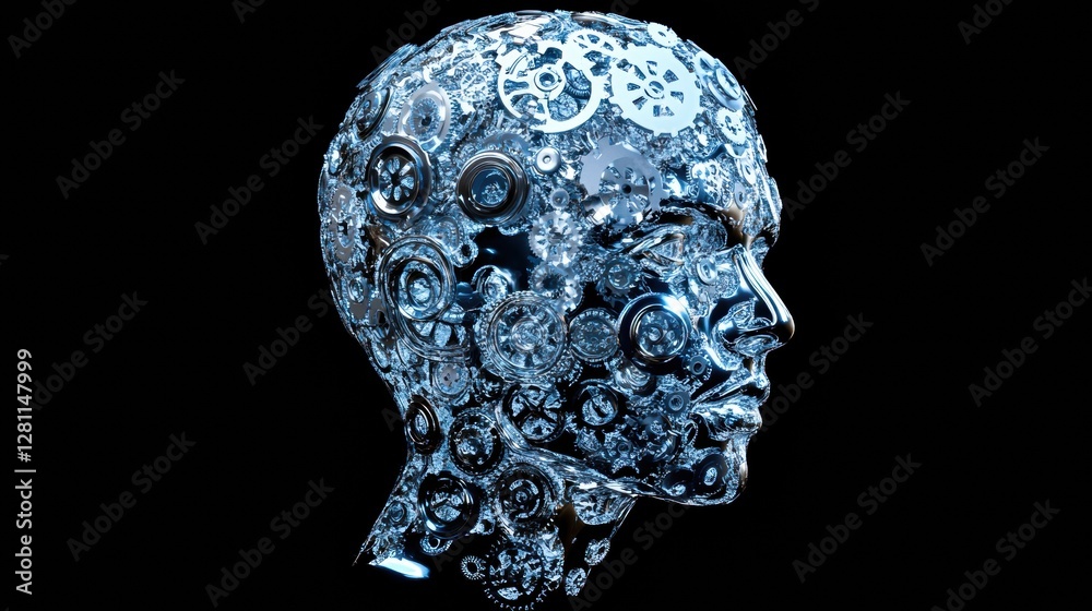 Fototapete human head contour filled with gears and cogs illustrating concepts of artificial intelligence and m