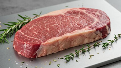 Fototapeta premium Fresh raw steak with seasoning herbs