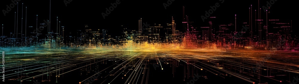 Leinwandbilder Abstract futuristic digital cityscape with vibrant colorful lights glowing gradients and dynamic motion patterns