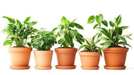 Fototapeta premium Different Types of Green Potted Plants on Isolated White Background