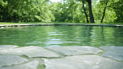 Fototapeta premium Stone-paved swimming pool filled with clear green water surrounded by lush green trees on a sunny day.