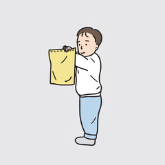 This is an illustration of a boy holding a snack bag with one hand. Hand drawn vector elements.