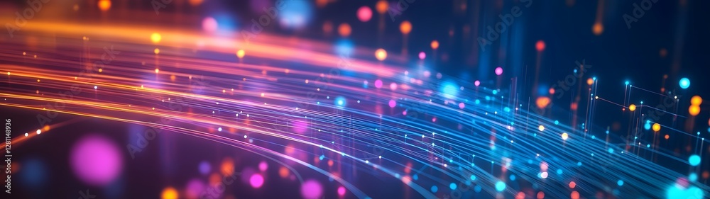 Poster Abstract technology background with vibrant glowing fiber optic cables creating a futuristic luminous display of digital connectivity and high speed data communication