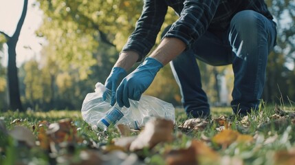 Hand of man picking up bottle into garbage bags while cleaning area in park