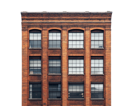 Brick building facade, white isolate background