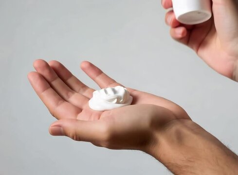 Holding white facial cleanser and squeezing the cream onto your hands,Man applying Sunscreen from bottle onto hand ,  Concept of face and body care, moisturizing, beauty, sun protection with spf.