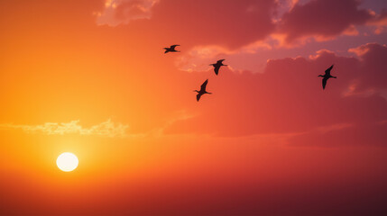 Fototapeta premium serene sunset with birds flying across colorful sky