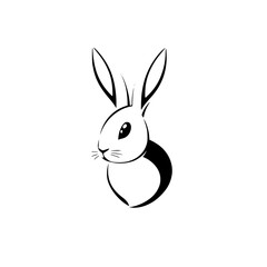 Minimalist rabbit design in black and white, clean white background with black outline, bunny logo.