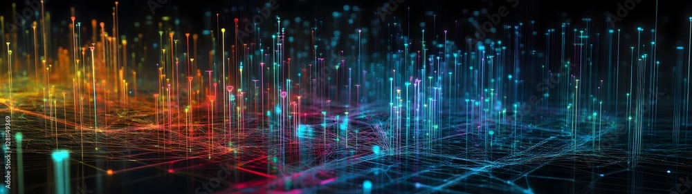 Poster An abstract and dynamic digital landscape featuring a captivating display of pulsing flowing neon lights prismatic patterns and shimmering fractal like structures