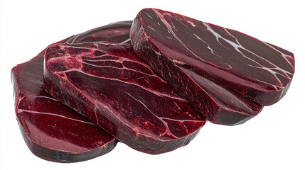 Obraz premium Close-up shot of several pieces of raw, dark red meat stacked together on a white background, showcasing the texture and pattern of the cut.