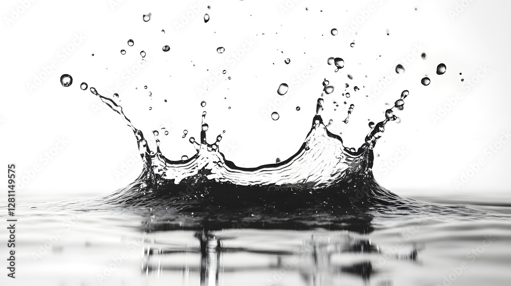 Poster and Dynamic Water Splash with Transparent Liquid Droplets Reflecting Light and Creating a Refreshing and Serene Abstract Background