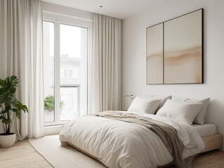 Obraz premium A modern bedroom featuring an inviting clean minimal interior design