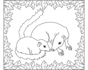 Common treeshrew with a cub in a frame of leaves - a vector linear picture for coloring. Outline. Tupaia glis for coloring with animals	