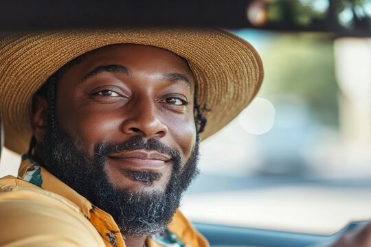 Happy black guy adjusting the rearview mirror while enjoying the car while sitting on the driver's seat, Generative AI
