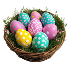 Fototapeta premium A vibrant basket filled with colorful, decorated Easter eggs set atop green grass and surrounded by small flowers.