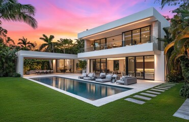 Obraz premium A modern home in South Florida with white stucco walls, large windows, and sliding glass doors leading to an outdoor patio area that has a dining table