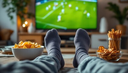 Cozy Home Football Watching Experience with Snacks and Ambient Lighting in the Background