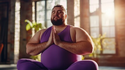 Overweight man doing yoga in violet sportswear