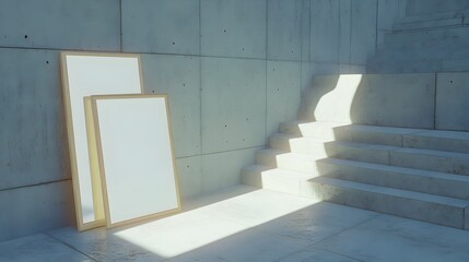 Large Blank White Posters in Wooden Frames Leaning on Floor