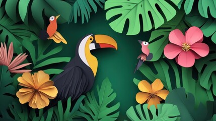 Obraz premium Paper art toucan, hummingbirds, hibiscus flowers and tropical leaves on green background.