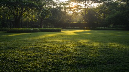 Sunlit Green Lawn in a Park at Sunrise