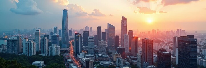 Solar panels integrated into city skyline architecture , clean energy, environmentally friendly