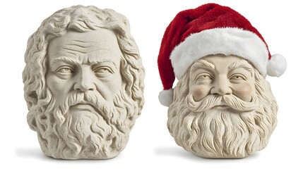 Marble Carvings of Socrates and Santa Claus with Christmas Hats