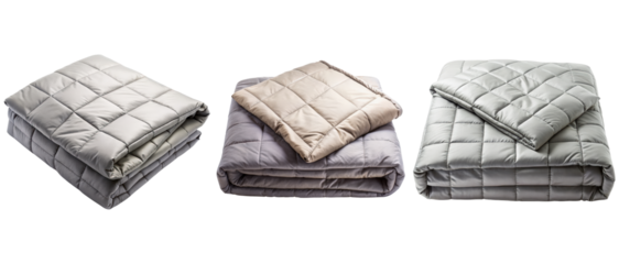 Three gray weighted blankets folded on a transparent background
