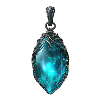 Floating and glowing cursed gemstone pendant isolated on transparent background