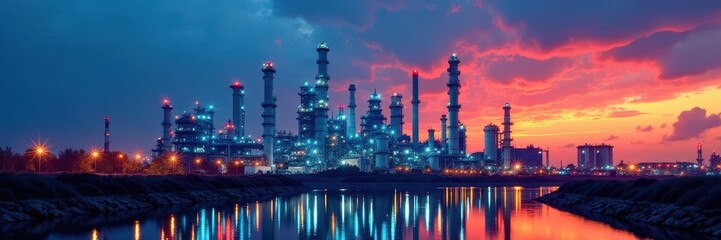 Vast blue refinery complex at sunset, glowing structures, steel, twilight