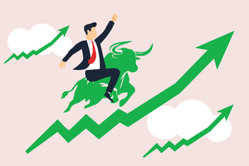 Stock market price rising up skyrocket in bull market, positive growing up business or ambition for winner investor concept, confidence businessman riding fast speed green rising up graph to the top.