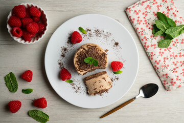 Delicious chocolate mousse cake with raspberries.