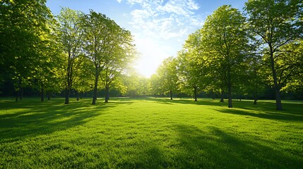 Obraz premium Sunlit Green Meadow With Lush Trees