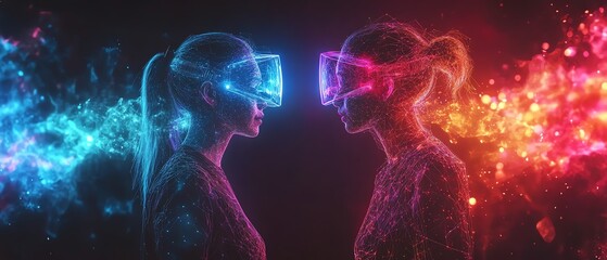 Creative minds collaborating through holographic digital interfaces, bringing together diverse concepts, colorful geometric shapes merging, futuristic business environment