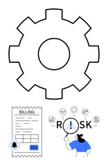 Large gear symbol surrounded by a billing receipt with payment option and a person analyzing risk. Ideal for workflow, risk assessment, finance, billing, automation, financial alerts, abstract line