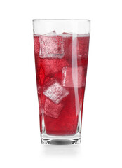 Sweet soda water with ice cubes in glass isolated on white