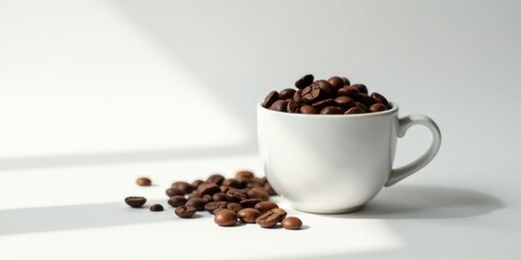 Obraz premium Aromatic Coffee Beans Resting in a Simple White Mug, Illuminated by Soft Sunlight