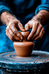 A person making a clay pot on a potter's wheel