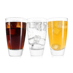 Soda water of different flavors with ice cubes in glasses isolated on white