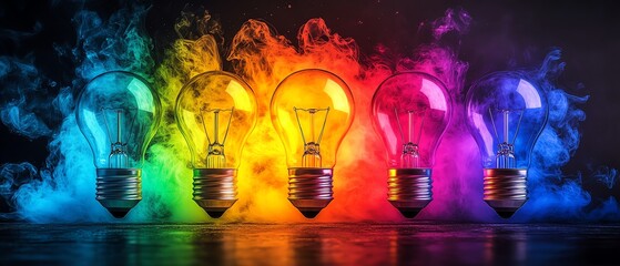 Futuristic digital collaboration with diverse creative ideas merging into a glowing light bulb symbolizing innovation, hightech concept, vibrant colors, clean design