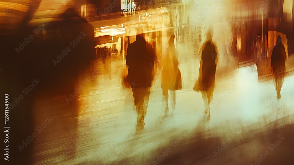 Aufkleber blurred image of a busy city street with people walking and commuting creating a sense of energy and