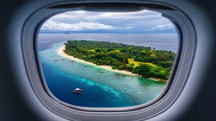 Naklejka premium Airplane Window View of Tropical Island with Lush Greenery and Beaches